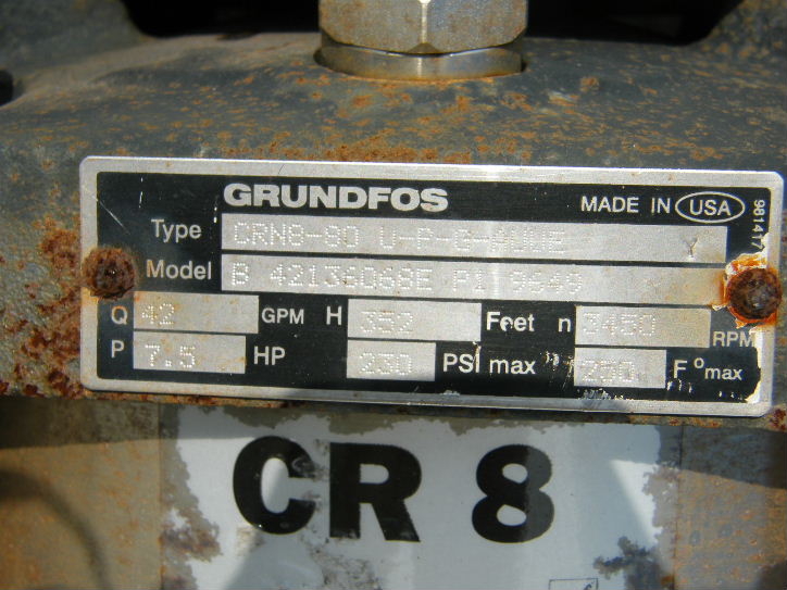 Grundfos Vertical Stainless Steel In line pump. Type CRN8-80 U-P-G-AUUE.  model B 42136068E P1 9649. Driven by 7.5 HP, 208-220/440 volt, 3450 RPM motor.